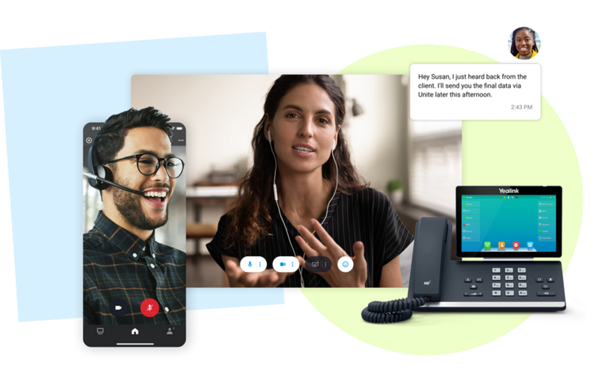 Elevate video call interface showing two smiling individuals, one on a smartphone and the other on a computer screen. 